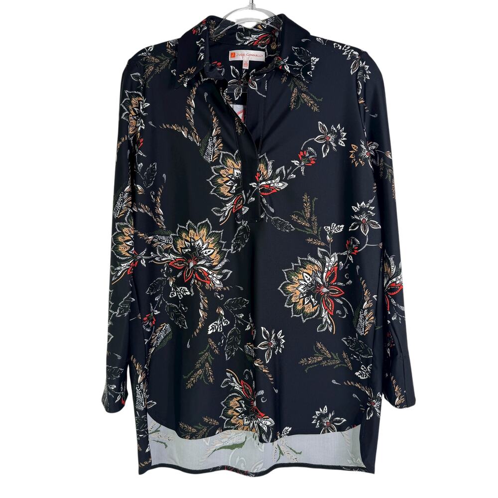 Jude Connally Melody Floral Black Long Sleeve Collared Printed High Low Top Sm S